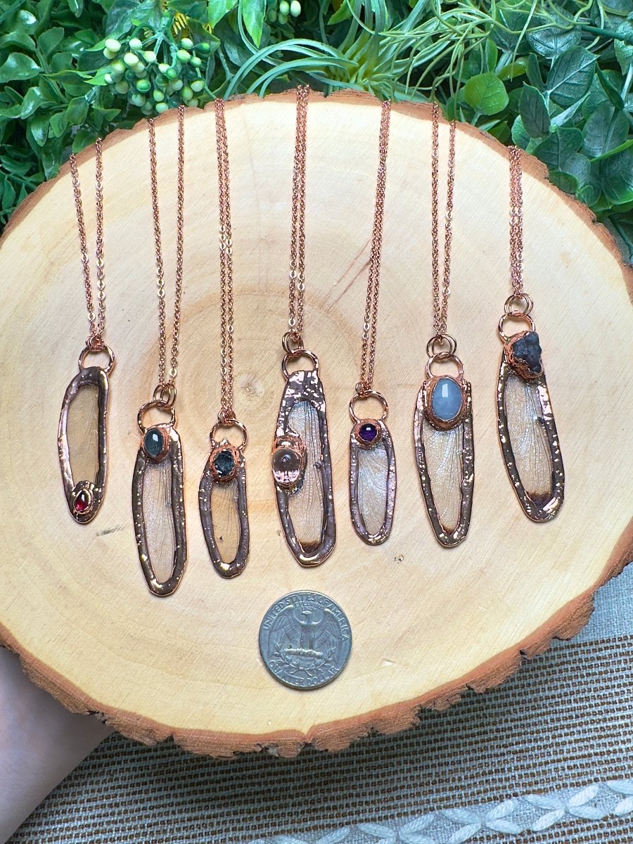 Dragonfly Wing and Garnet Necklace | Copper Ashes