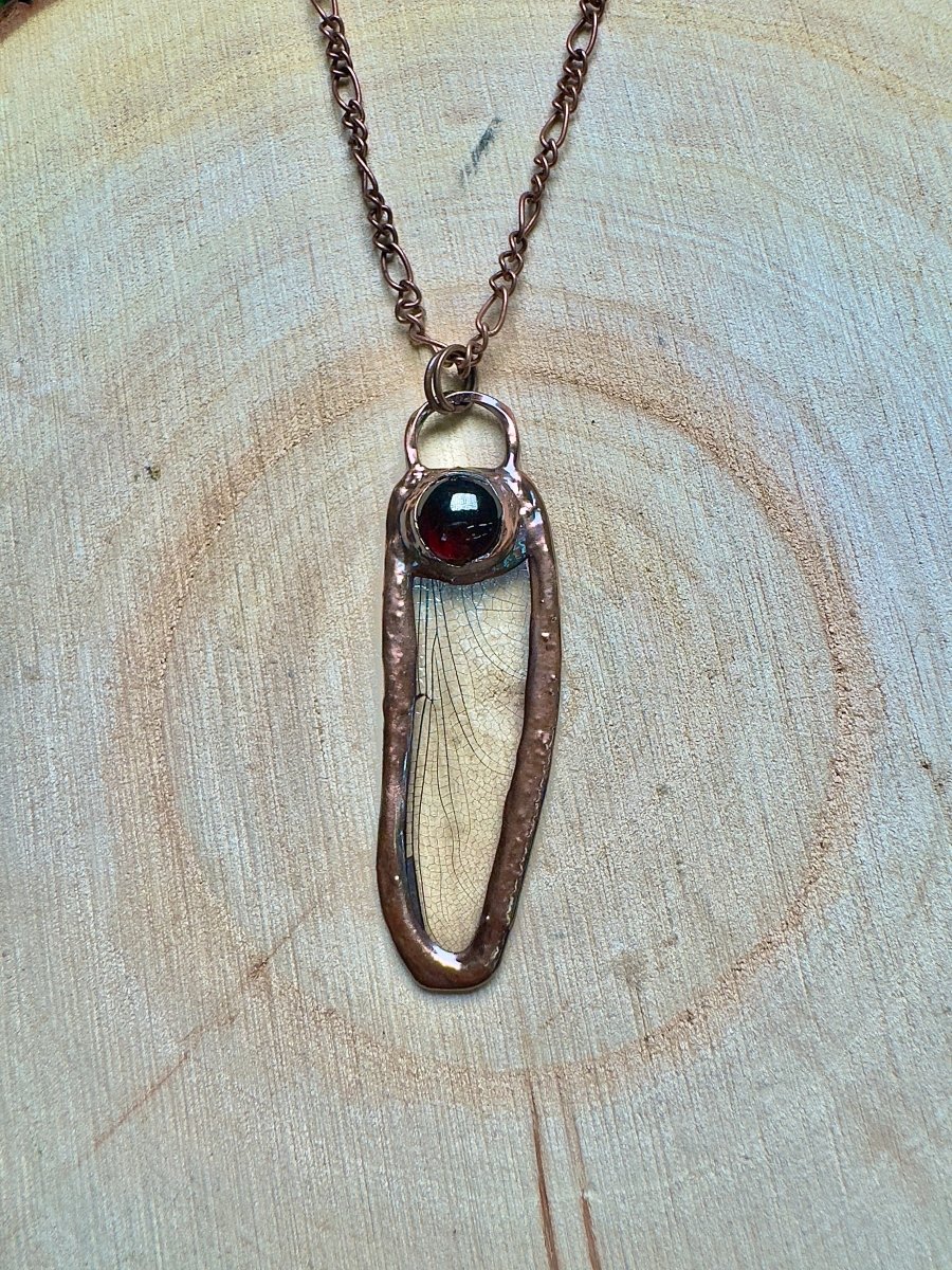 Dragonfly Wing and Garnet Necklace | Copper Ashes