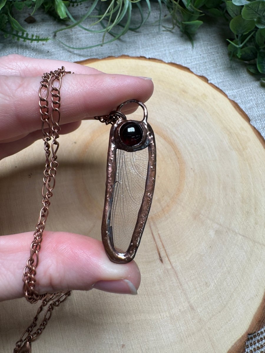 Dragonfly Wing and Garnet Necklace | Copper Ashes