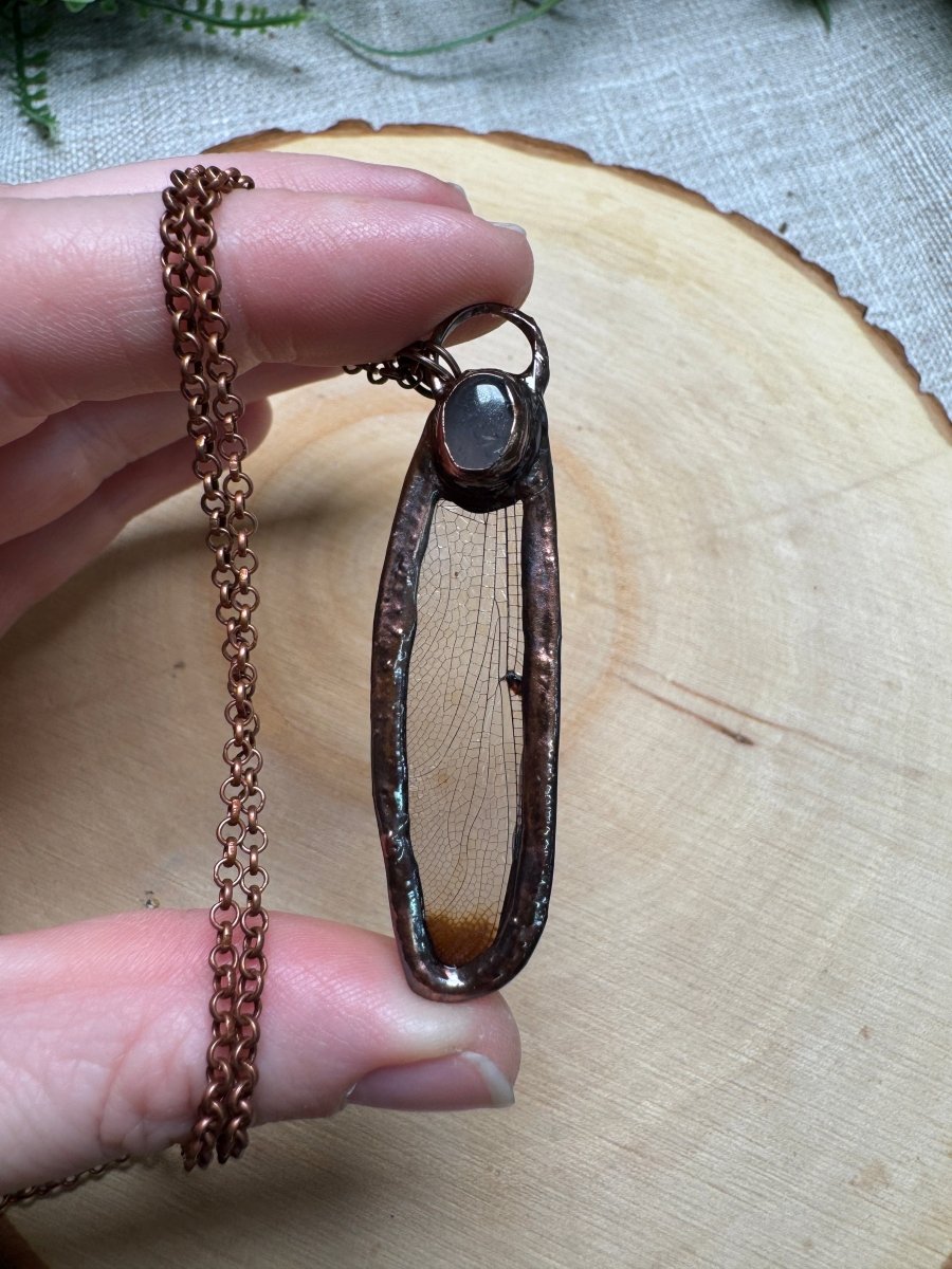 Dragonfly Wing and Rose Quartz Necklace | Copper Ashes
