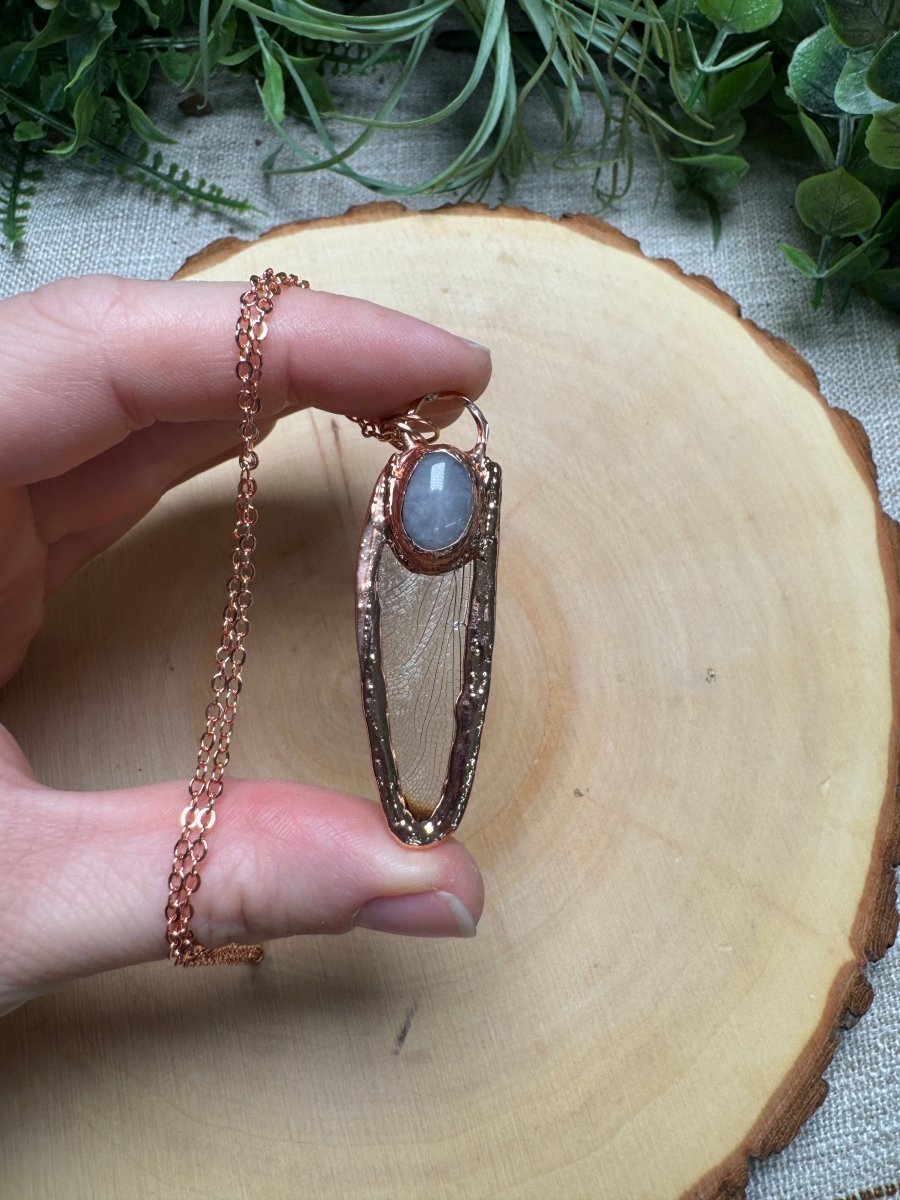 Dragonfly Wing and Rose Quartz Necklace | Copper Ashes