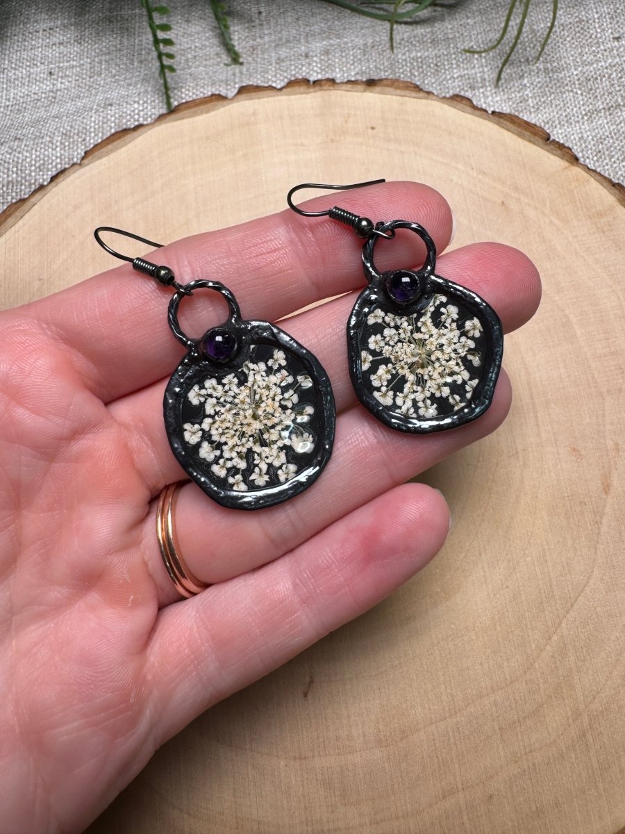 Fizzlespark - Amethyst and Flower Earrings | Copper Ashes