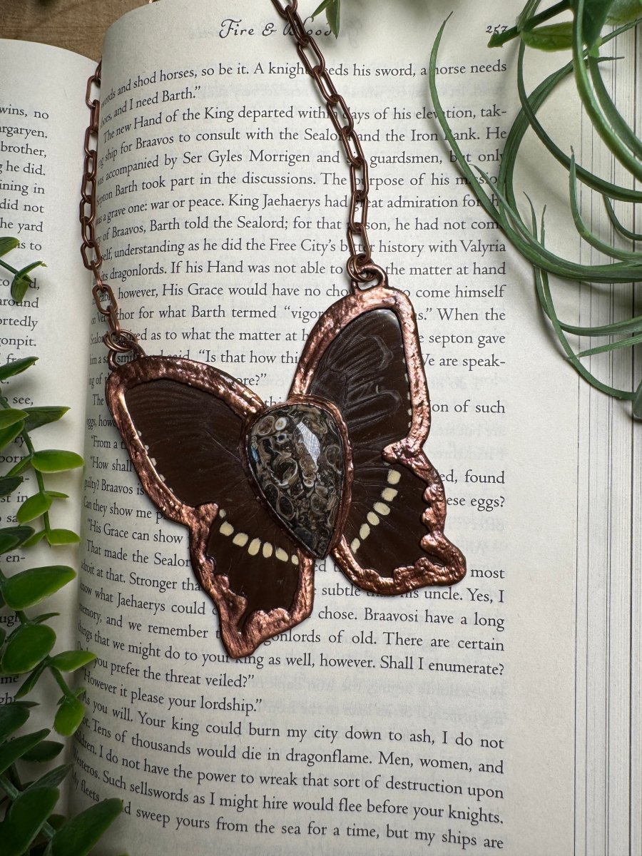 Fossil and Butterfly Wing Statement Necklace | Copper Ashes