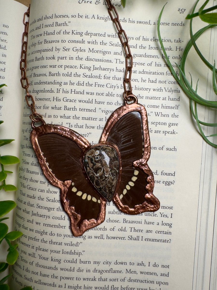 Fossil and Butterfly Wing Statement Necklace | Copper Ashes