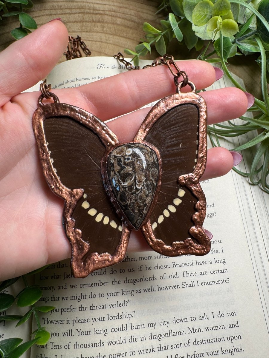 Fossil and Butterfly Wing Statement Necklace | Copper Ashes