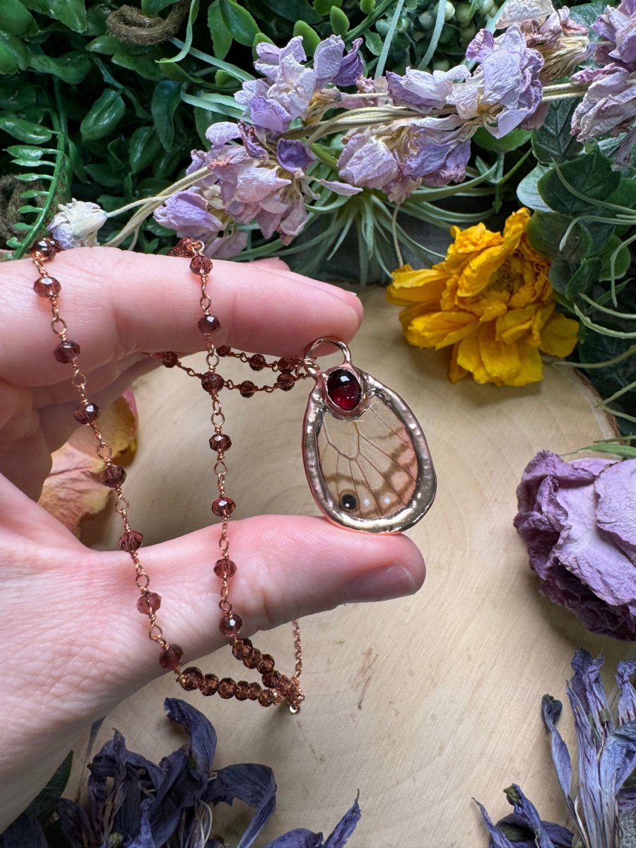 Garnet and Butterfly Wing Necklace | Copper Ashes