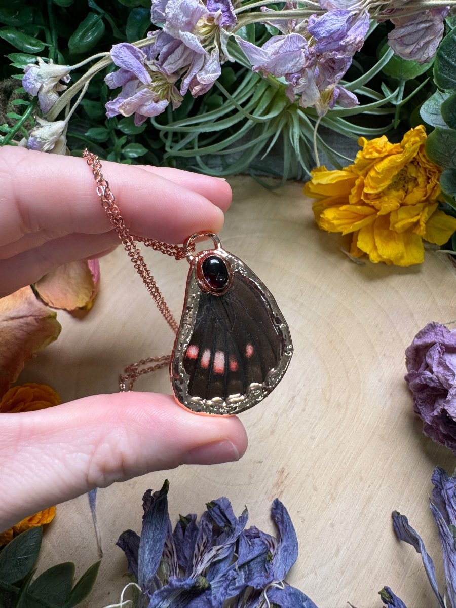 Garnet and Butterfly Wing Necklace | Copper Ashes