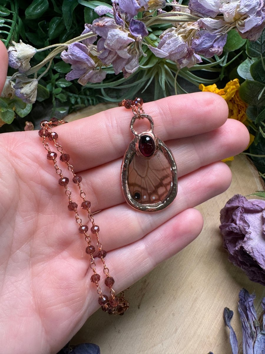 Garnet and Butterfly Wing Necklace | Copper Ashes