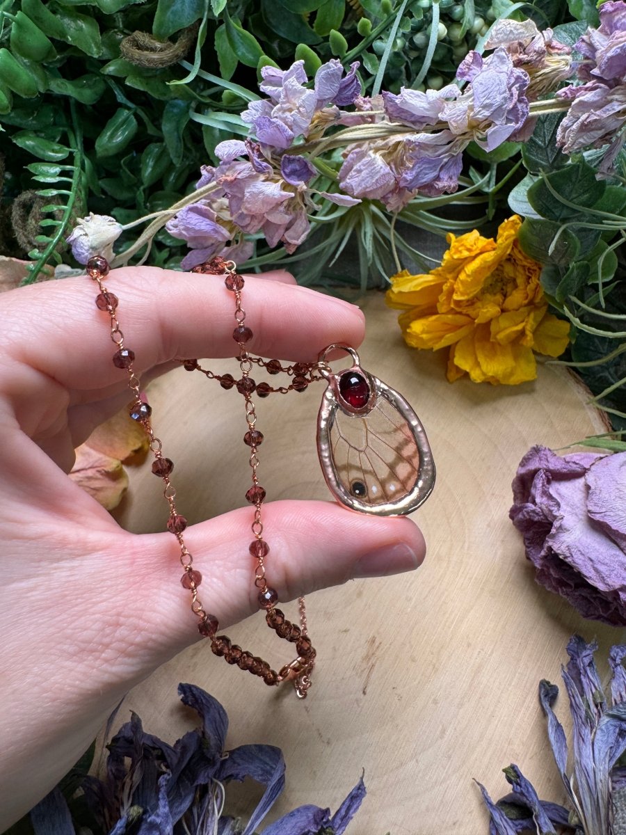 Garnet and Butterfly Wing Necklace | Copper Ashes