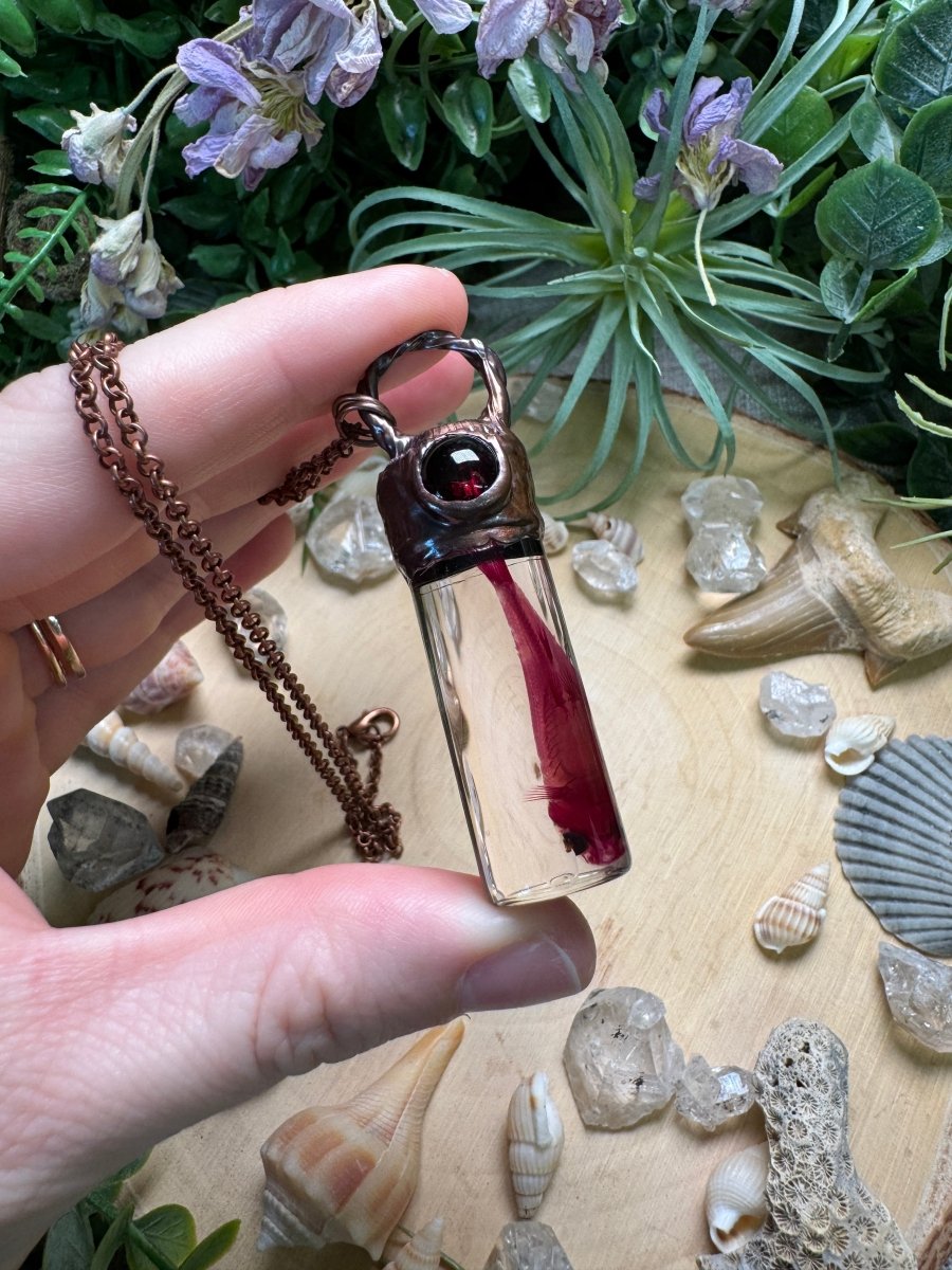 Garnet and Minnow Oddity Vial Necklace | Copper Ashes