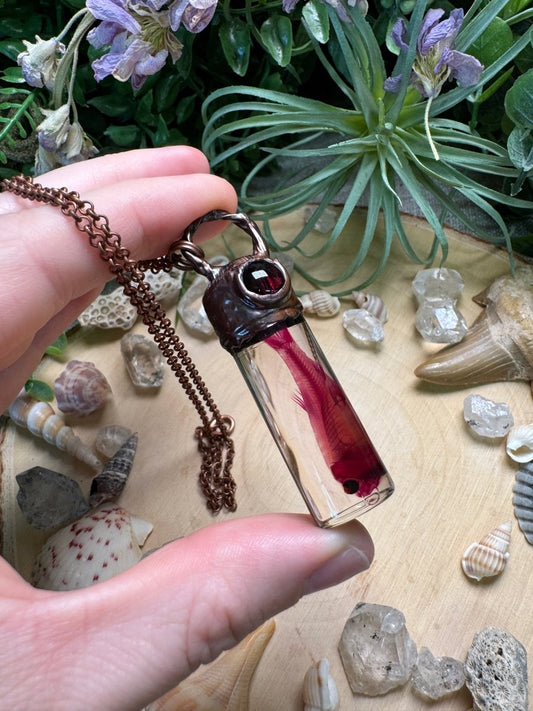Garnet and Minnow Oddity Vial Necklace | Copper Ashes