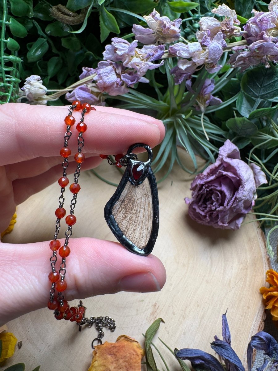 Garnet and Moth Wing Necklace | Copper Ashes