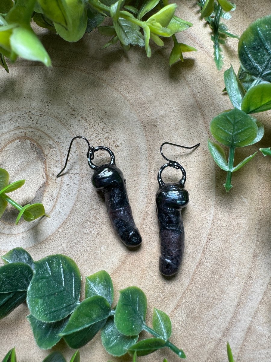 Garnet in Astrophyllite Penis Earrings | Copper Ashes