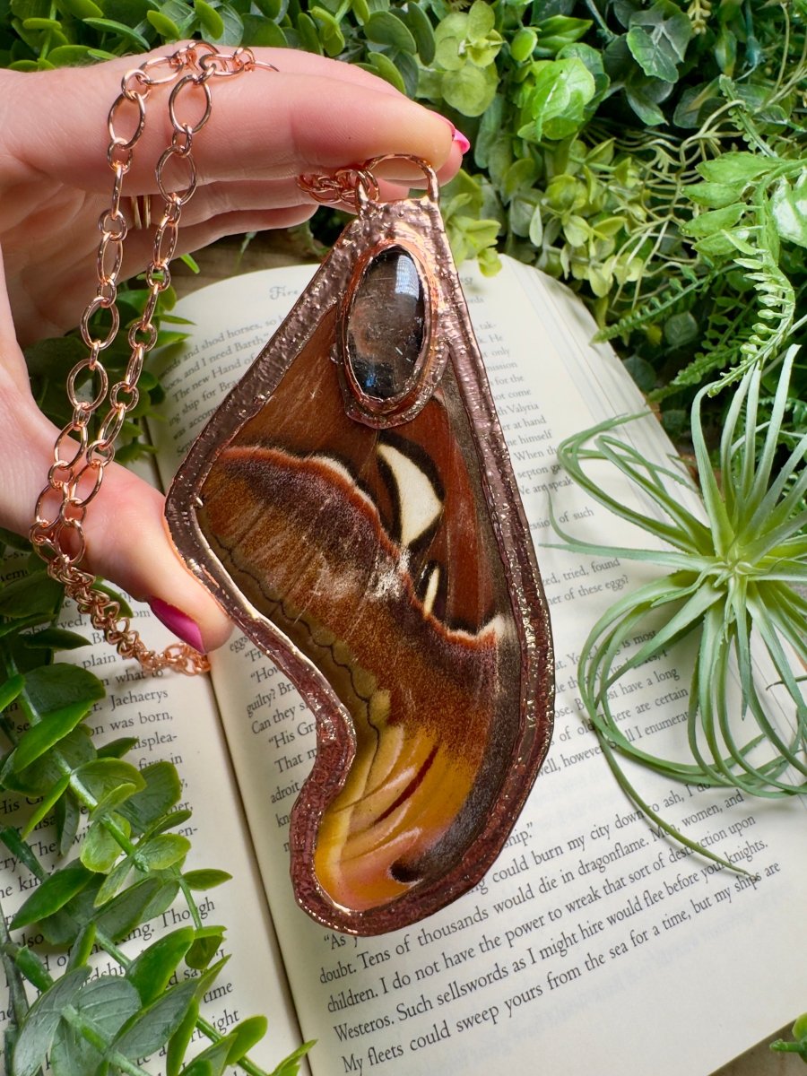 Giant Atlas Moth Wing and Quartz Necklace | Copper Ashes