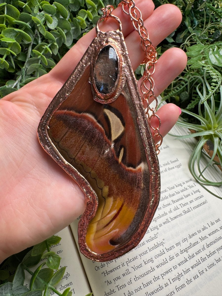 Giant Atlas Moth Wing and Quartz Necklace | Copper Ashes