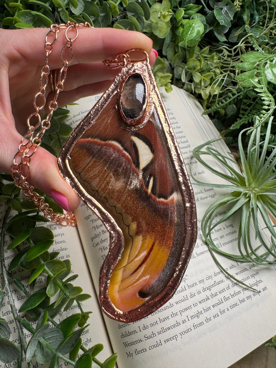 Giant Atlas Moth Wing and Quartz Necklace | Copper Ashes