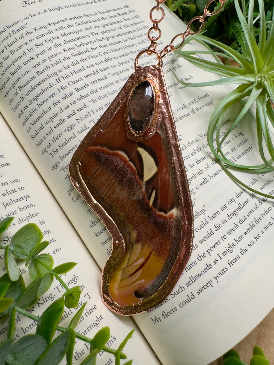 Giant Atlas Moth Wing and Quartz Necklace | Copper Ashes