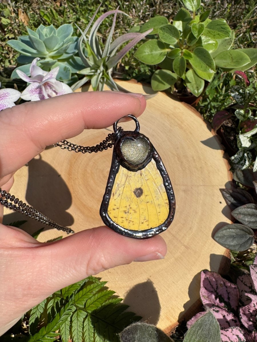 Gold Sheen Obsidian and Imperial Moth Wing Necklace | Copper Ashes