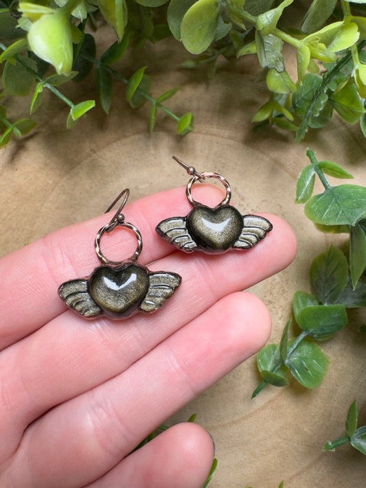 Gold Sheen Obsidian Angel Heart Earrings | Copper Ashes