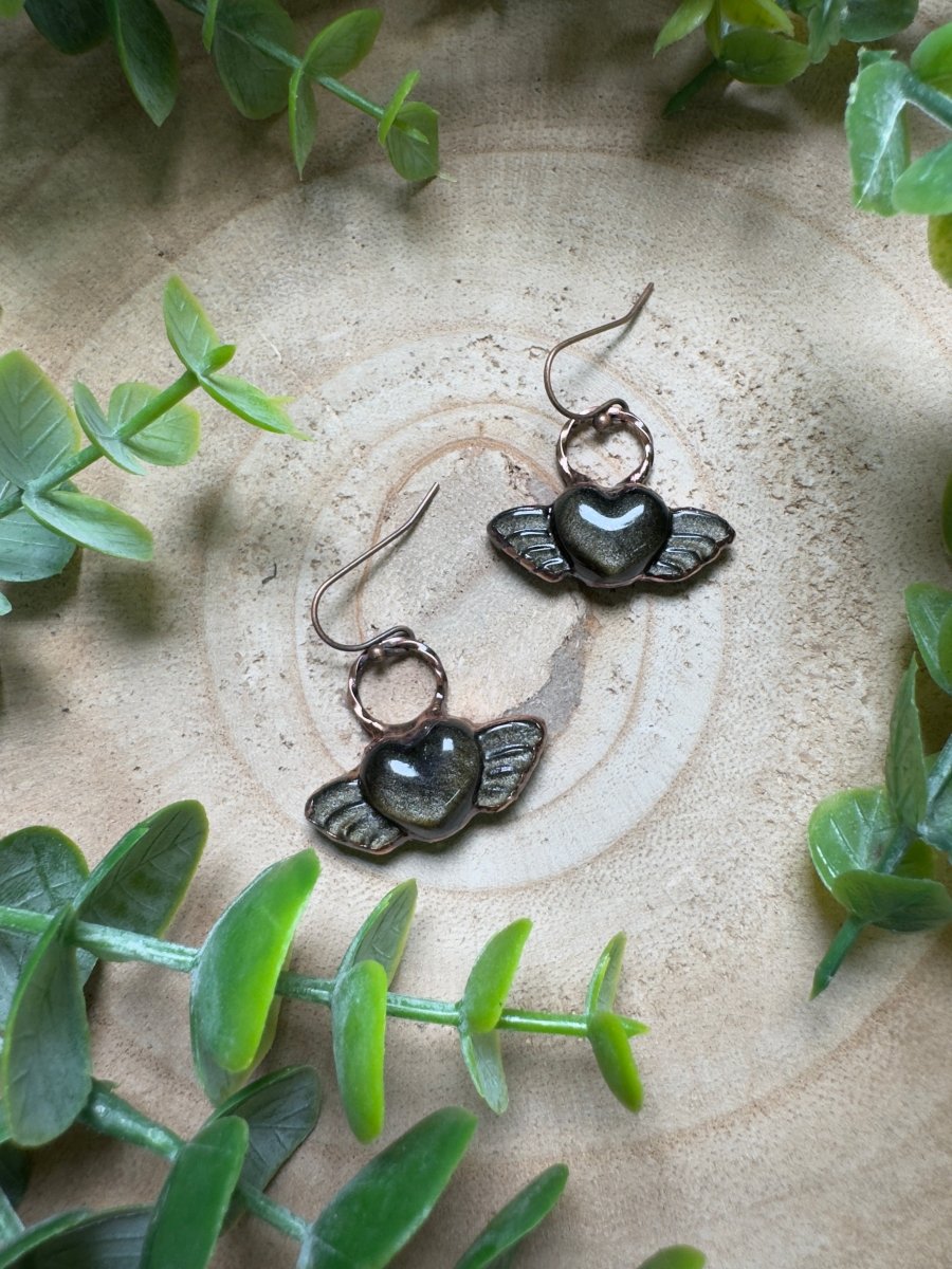 Gold Sheen Obsidian Angel Heart Earrings | Copper Ashes