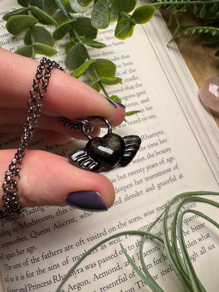 Gold Sheen Obsidian Angel Heart Necklace | Copper Ashes