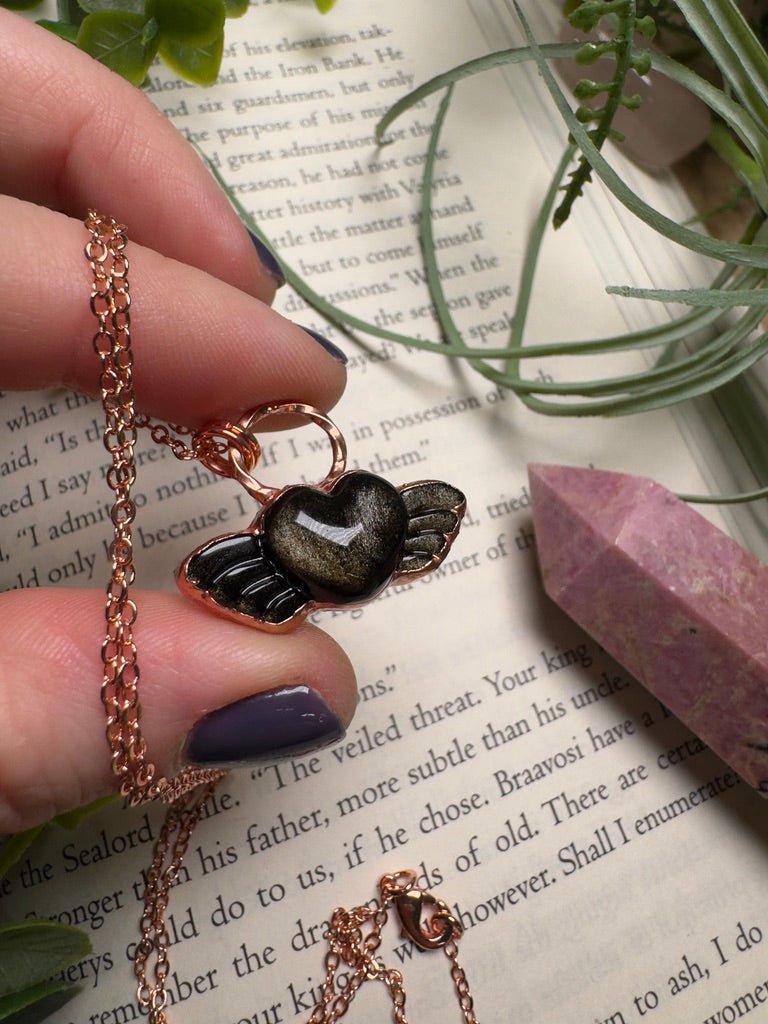 Gold Sheen Obsidian Angel Heart Necklace | Copper Ashes
