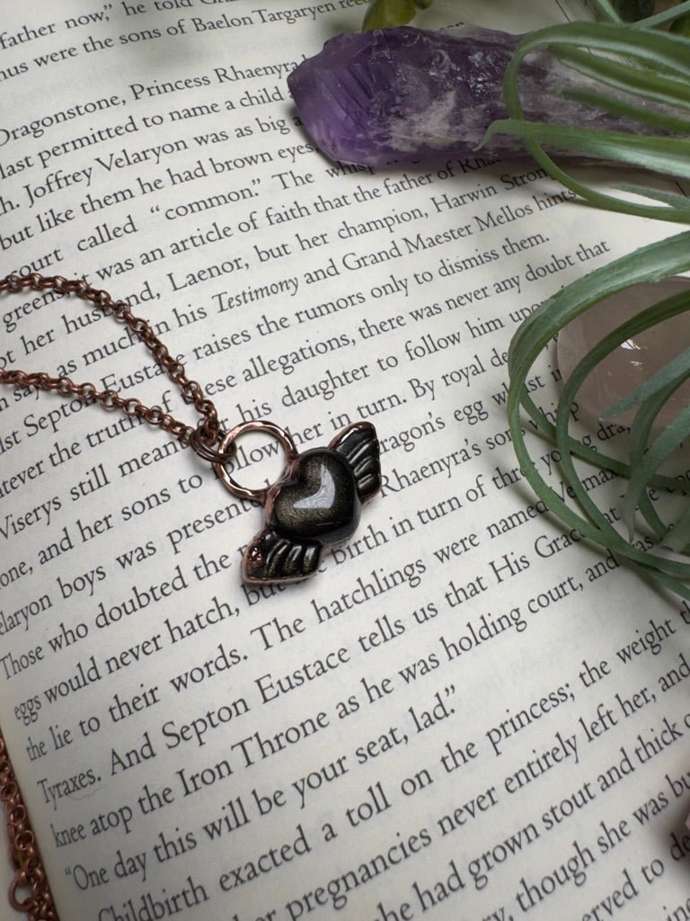 Gold Sheen Obsidian Angel Heart Necklace | Copper Ashes