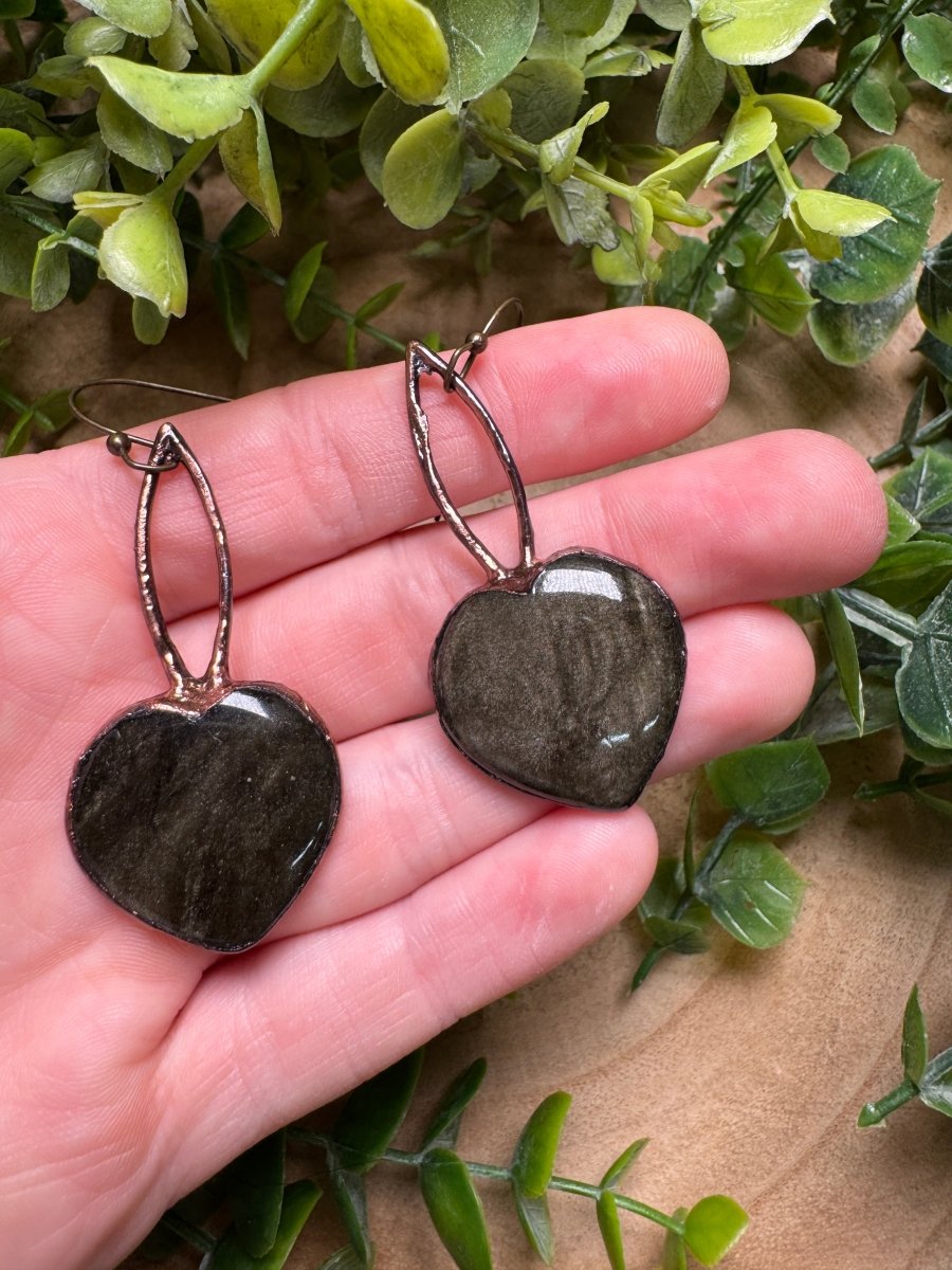 Gold Sheen Obsidian Heart Earrings | Copper Ashes