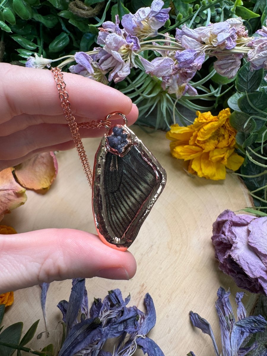 Grape Agate and Butterfly Wing Necklace | Copper Ashes