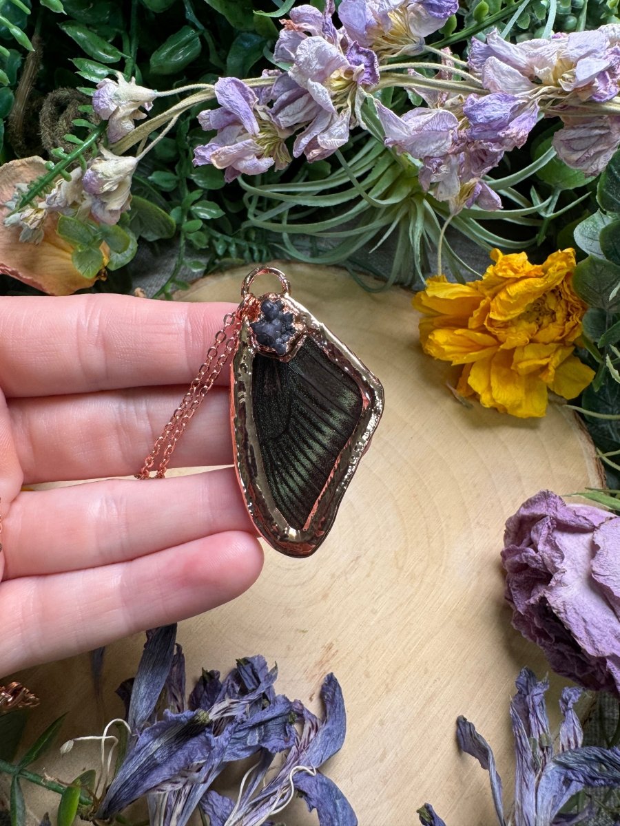 Grape Agate and Butterfly Wing Necklace | Copper Ashes