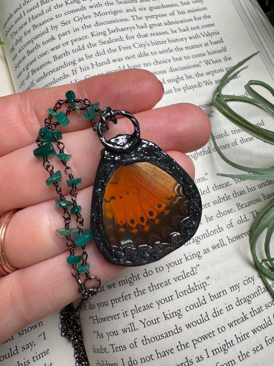 Green Agate and Butterfly Wing Necklace with Green Agate Beaded Chain (reversible) | Copper Ashes