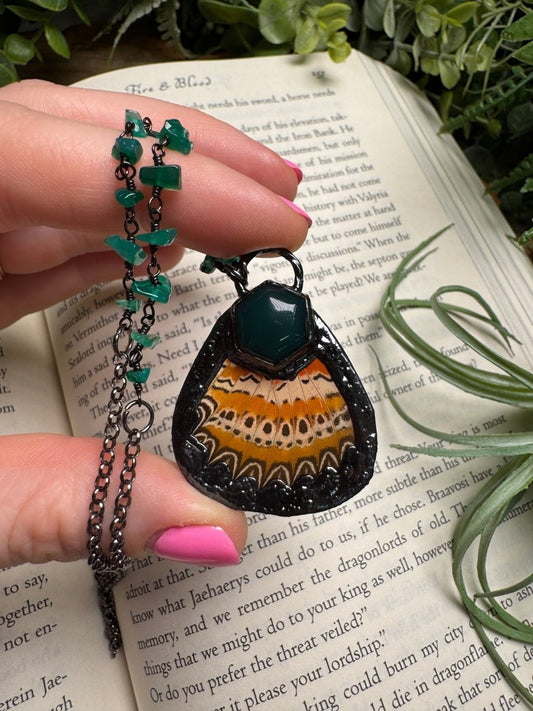 Green Agate and Butterfly Wing Necklace with Green Agate Beaded Chain (reversible) | Copper Ashes