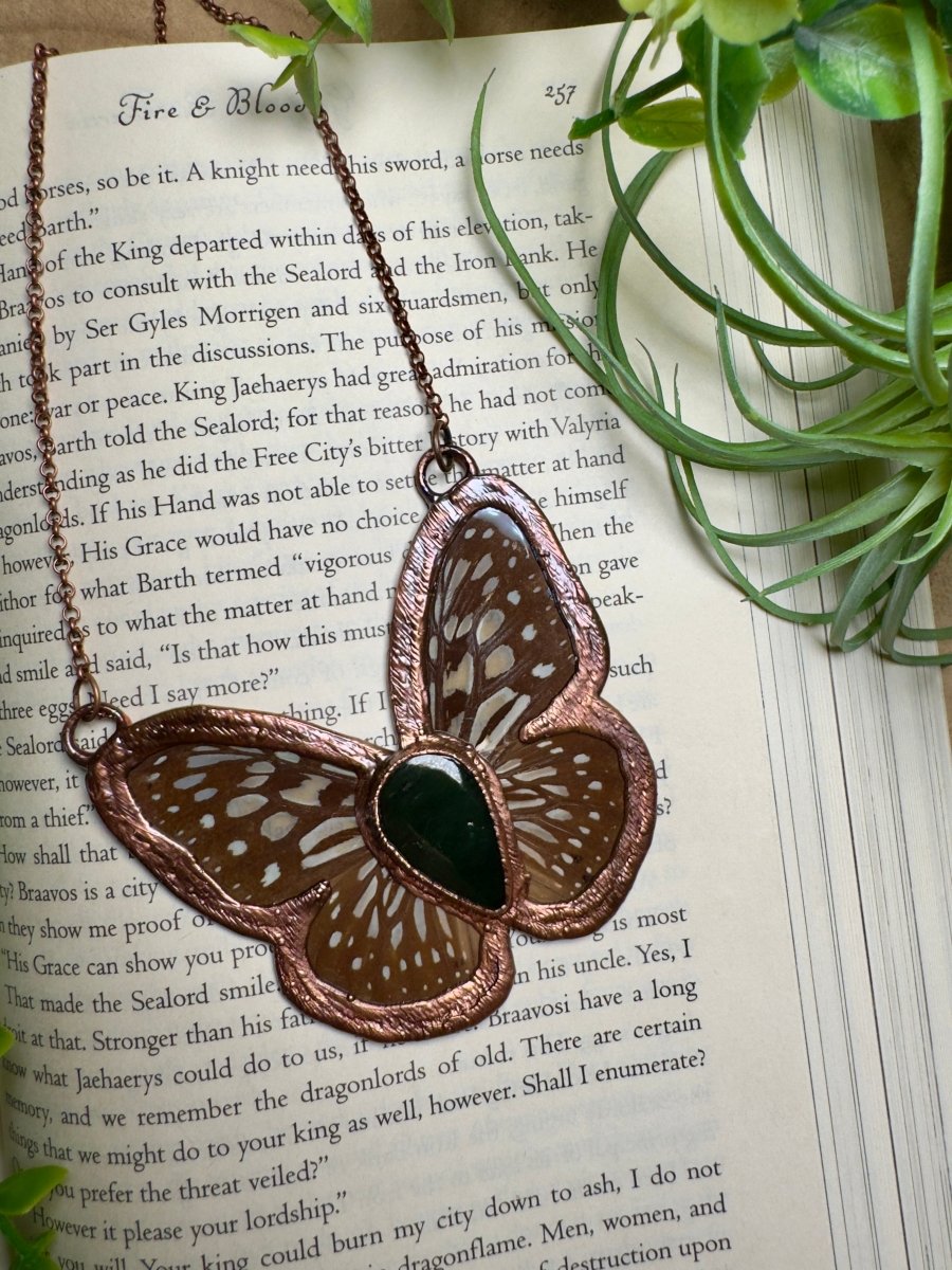Green Agate and Butterfly Wing Statement Necklace | Copper Ashes