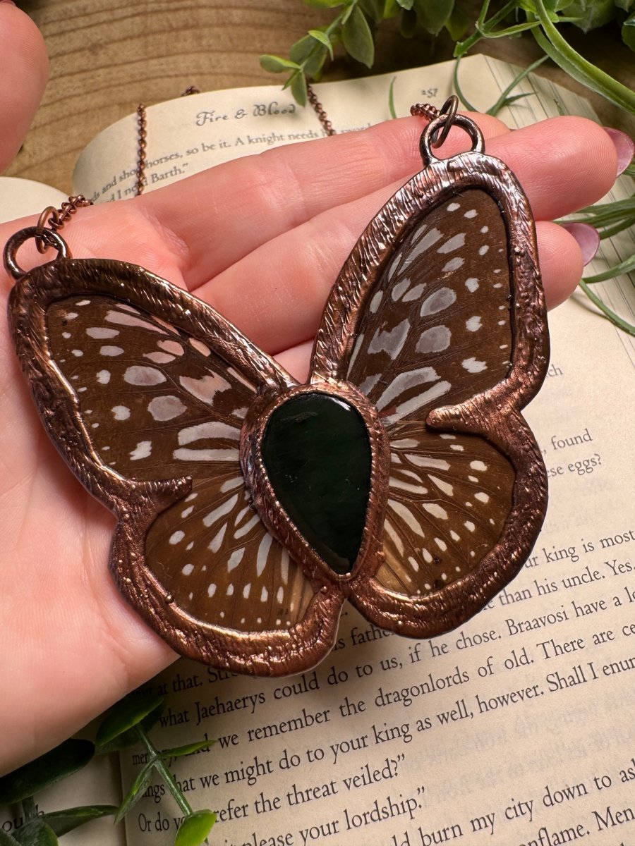 Green Agate and Butterfly Wing Statement Necklace | Copper Ashes