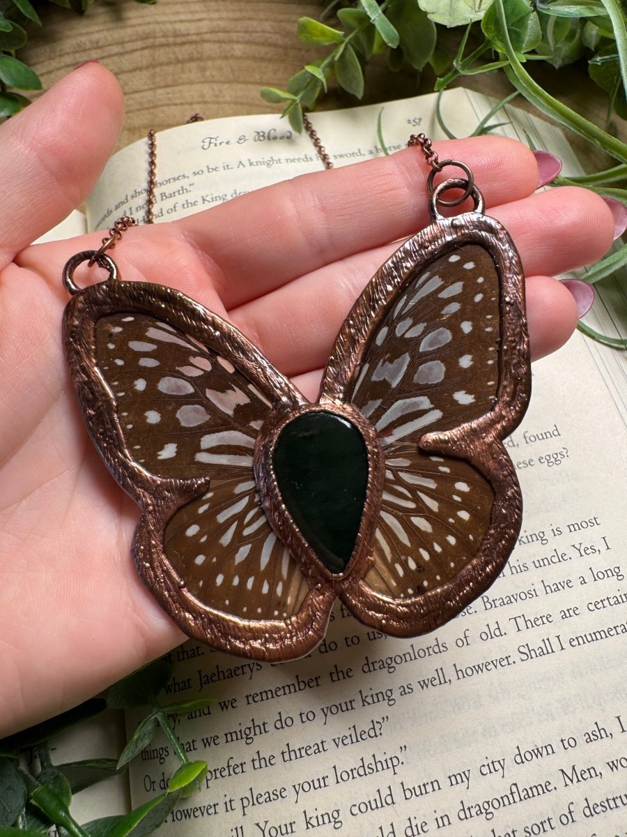 Green Agate and Butterfly Wing Statement Necklace | Copper Ashes