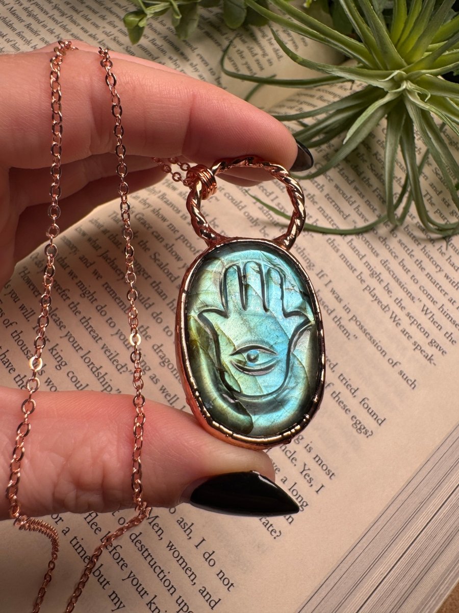 Hamsa Evil Eye Labradorite Necklace | Copper Ashes
