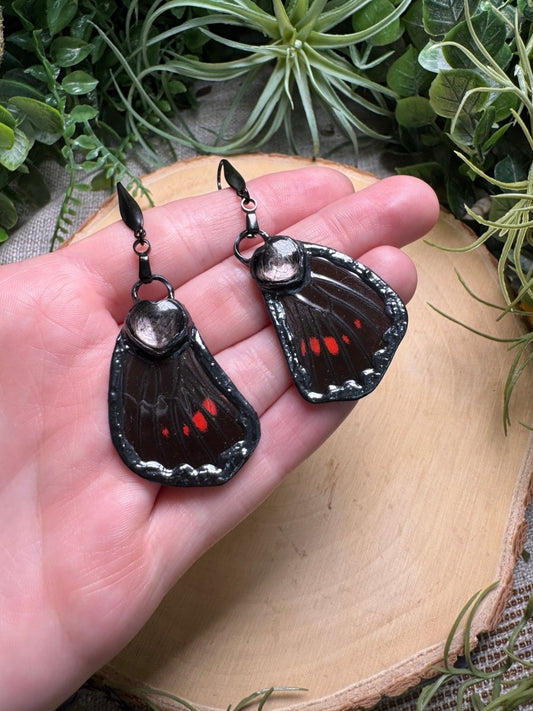 Hypersthene Heart and Butterfly Wing Earrings | Copper Ashes