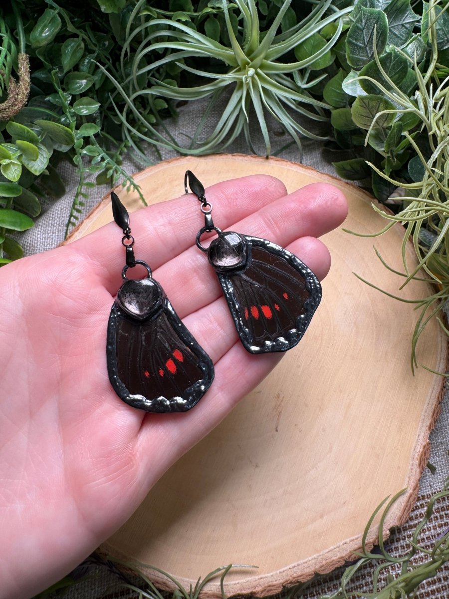 Hypersthene Heart and Butterfly Wing Earrings | Copper Ashes