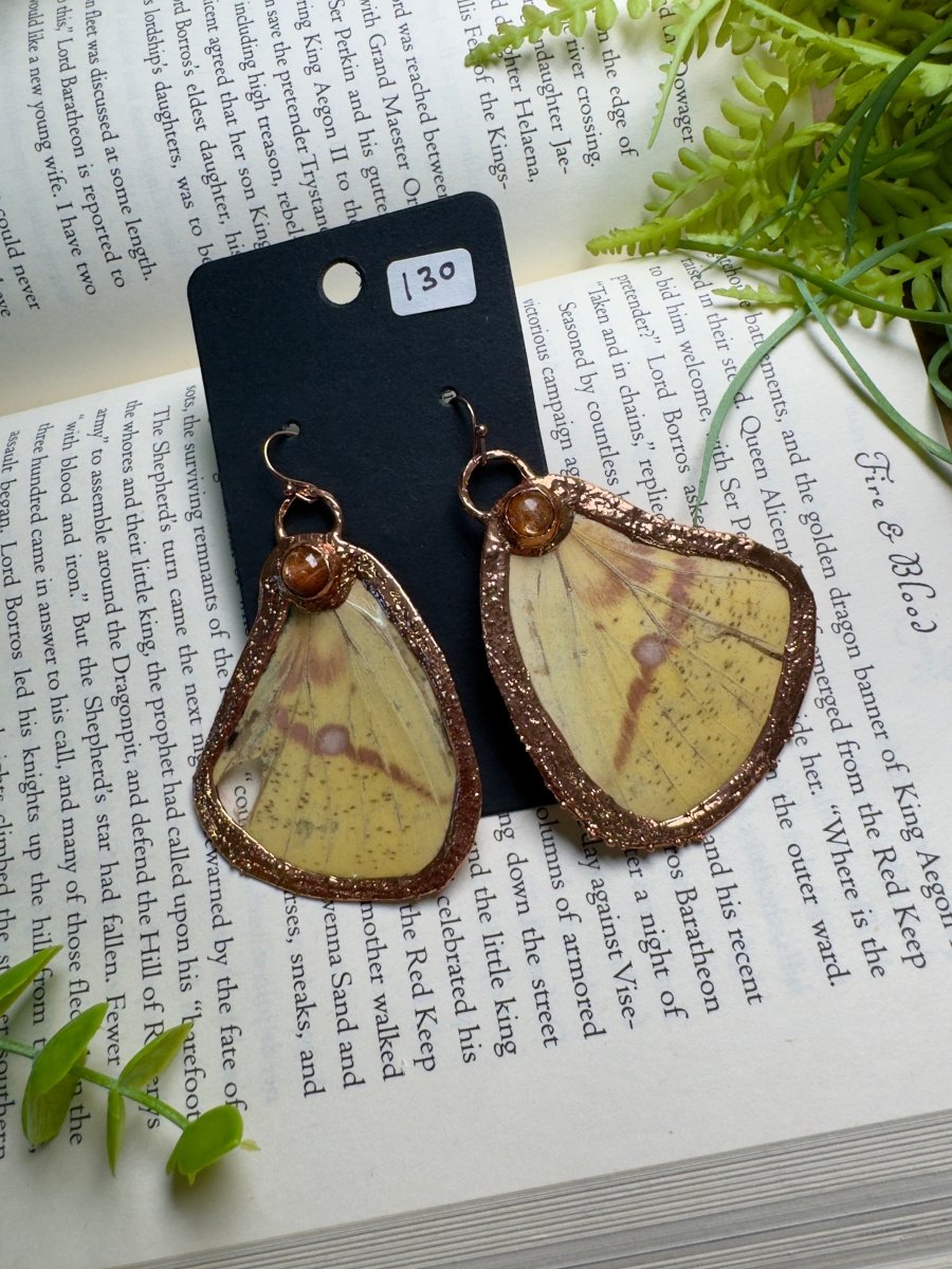 Imperial Moth Wing and Sunstone Earrings | Copper Ashes