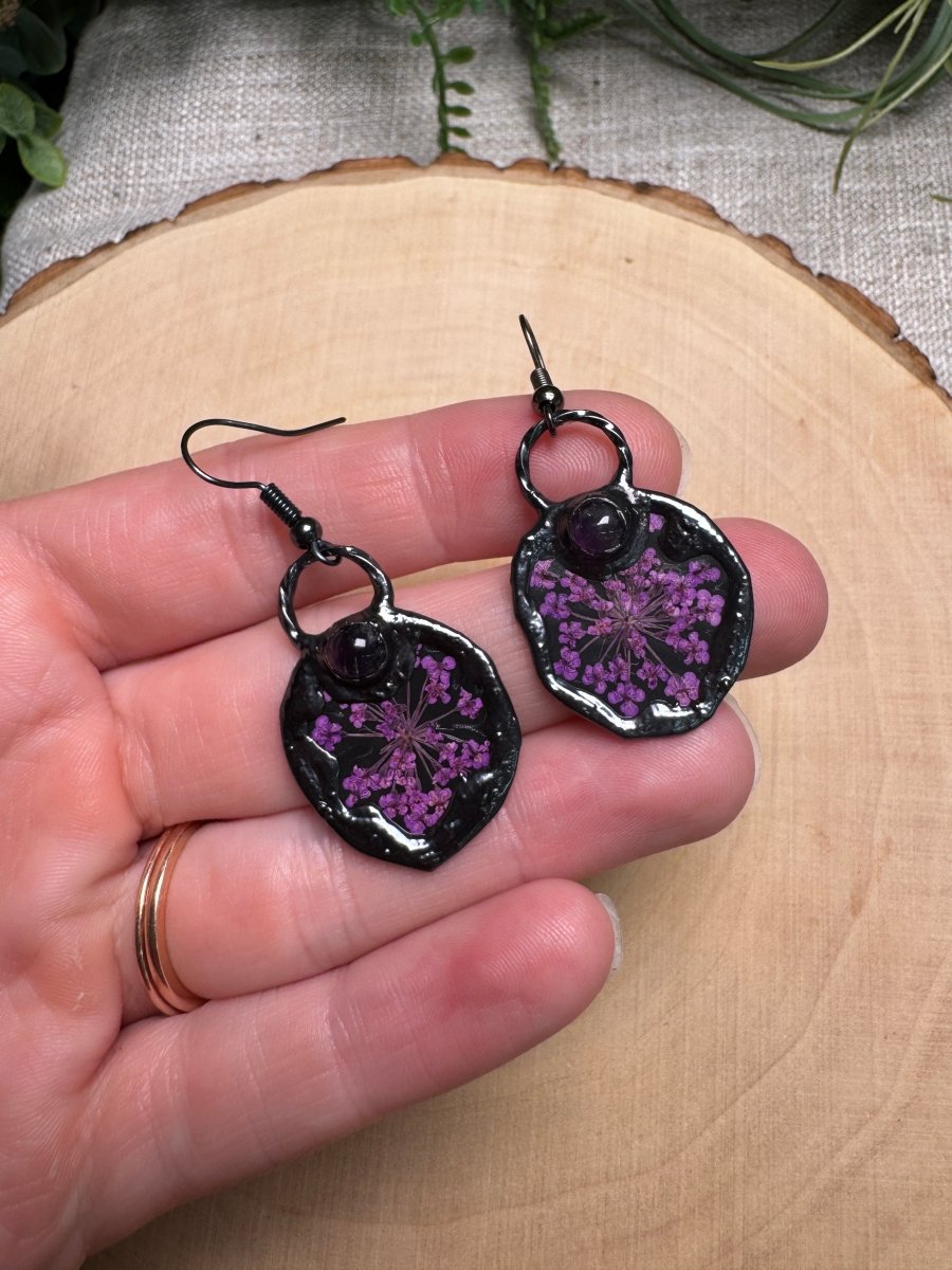 Jinglesprite - Amethyst and Flower Earrings | Copper Ashes