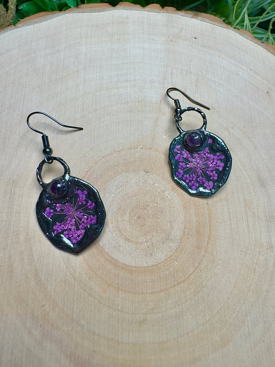 Jinglesprite - Amethyst and Flower Earrings | Copper Ashes