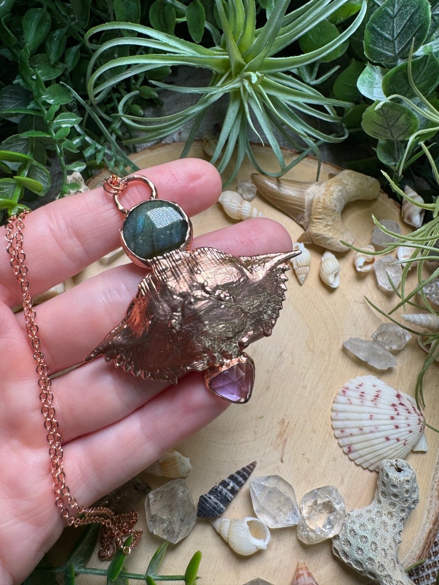 Labradorite, Amethyst, and Crab Shell Necklace | Copper Ashes