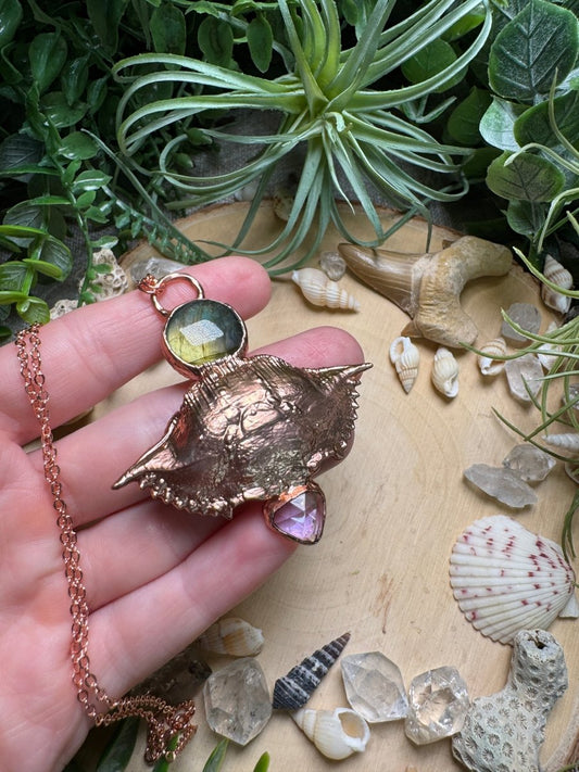 Labradorite, Amethyst, and Crab Shell Necklace | Copper Ashes