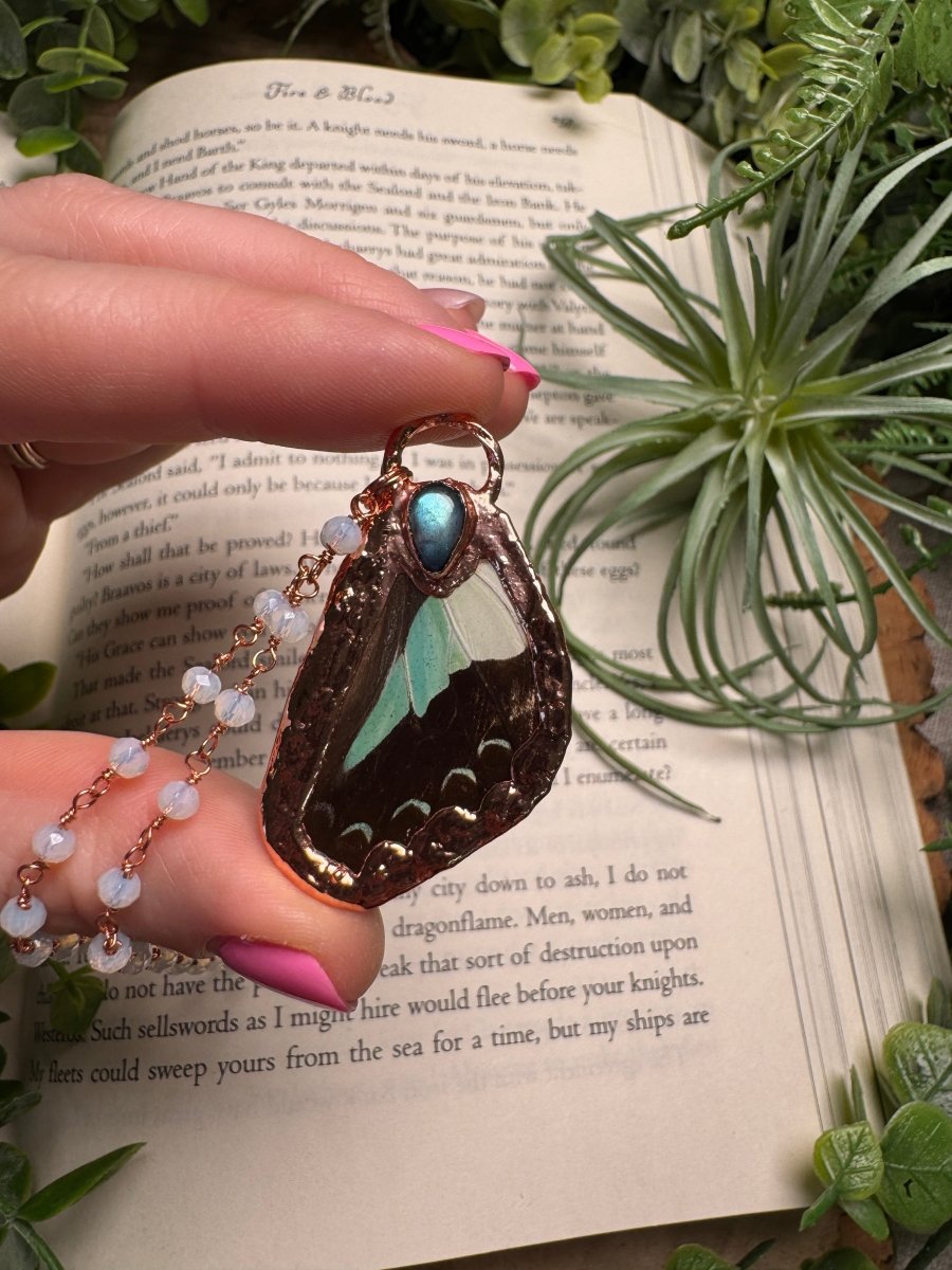 Labradorite and Butterfly Wing Necklace with Beaded Chain | Copper Ashes