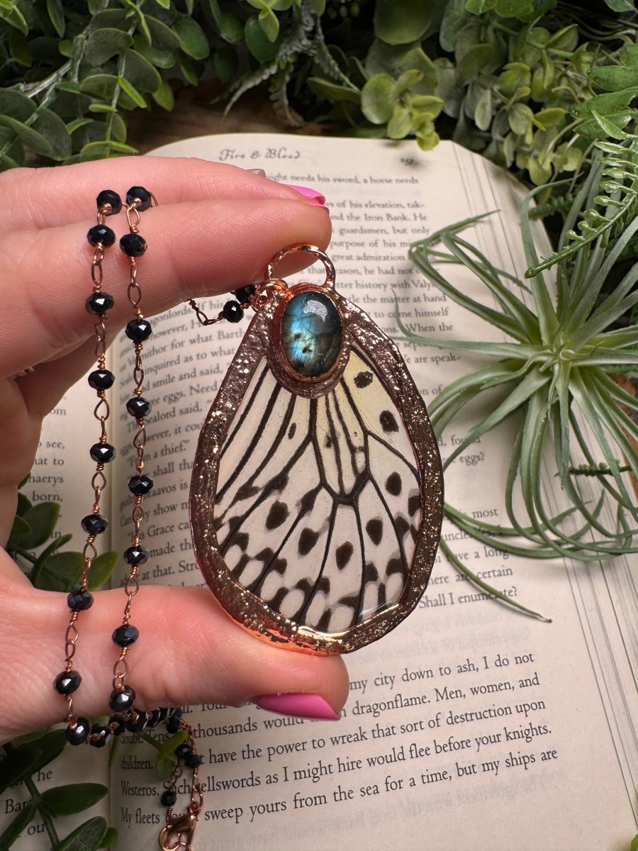 Labradorite and Butterfly Wing Necklace with Beaded Chain | Copper Ashes