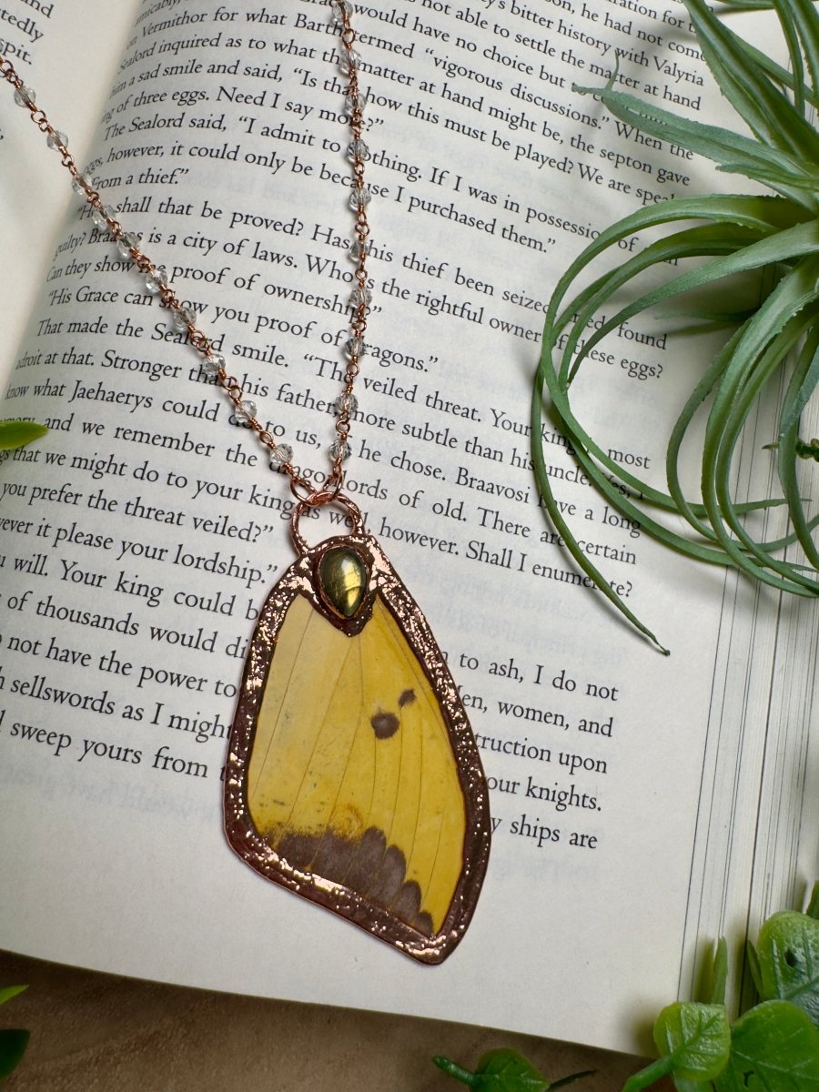 Labradorite and Butterfly Wing Necklace with Beaded Chain | Copper Ashes