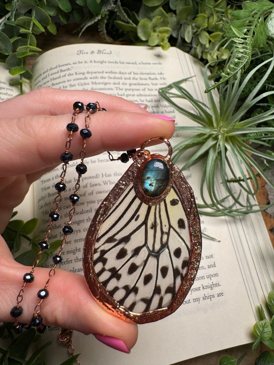 Labradorite and Butterfly Wing Necklace with Beaded Chain | Copper Ashes