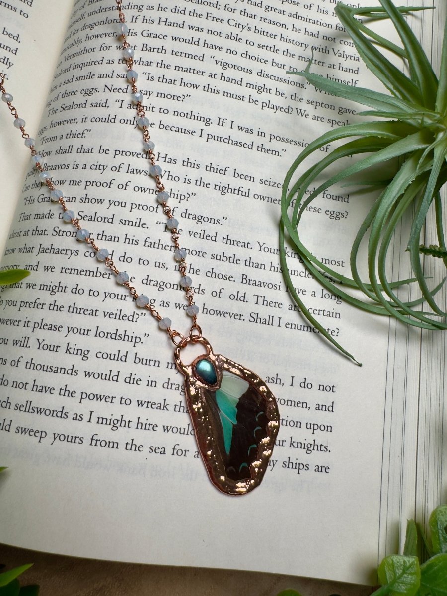 Labradorite and Butterfly Wing Necklace with Beaded Chain | Copper Ashes