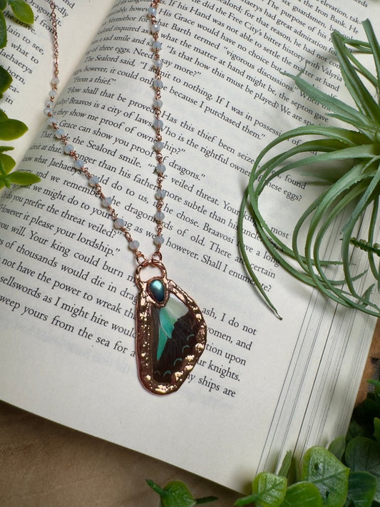 Labradorite and Butterfly Wing Necklace with Beaded Chain | Copper Ashes