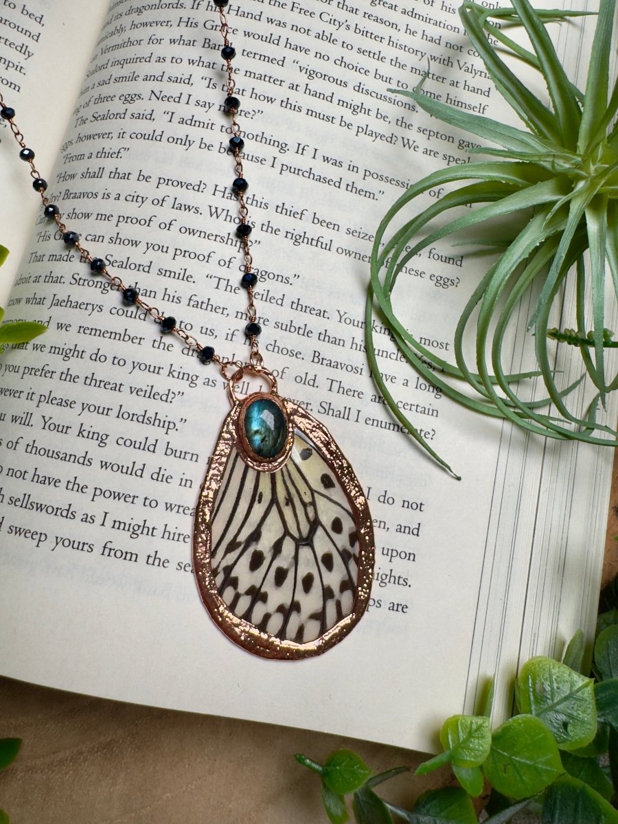 Labradorite and Butterfly Wing Necklace with Beaded Chain | Copper Ashes